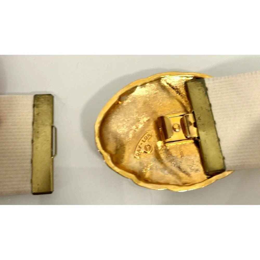 Vintage Day-Lor 80s Cream Elastic Cinch Belt M Gold Enamel Swirl Buckle USA GUC